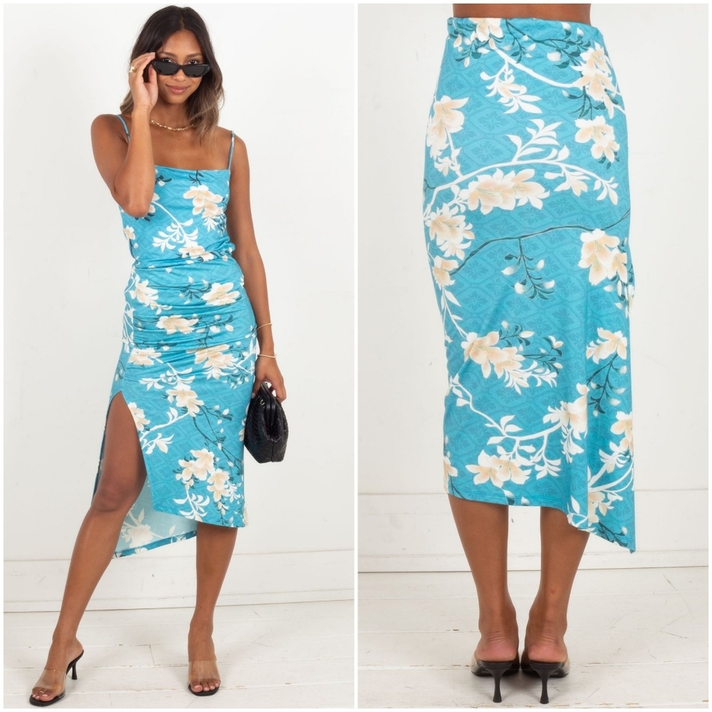 Novella Royale Evie skirt aqua lilies S blue floral bodycon pencil shirred - Picture 4 of 16
